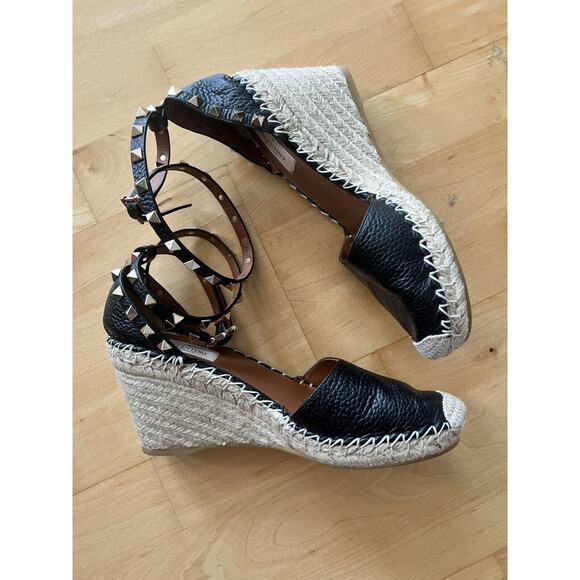 Valentino Garavani Rockstud Double Leather Wedge Espadrilles 38 WORN ONCE - Picture 2 of 7